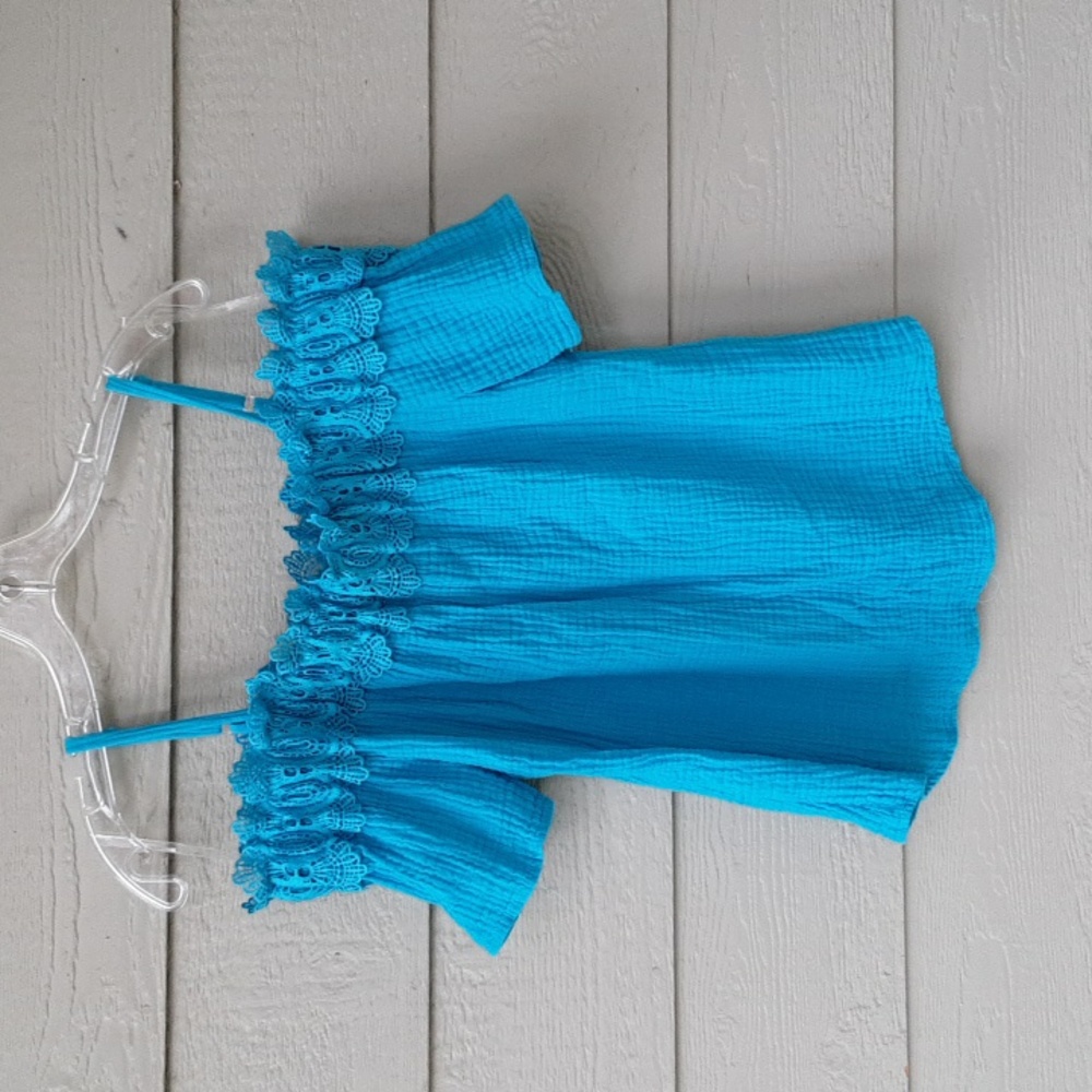 BY & BY Aqua Blue Lacy Off The Shoulder Sleeve Top